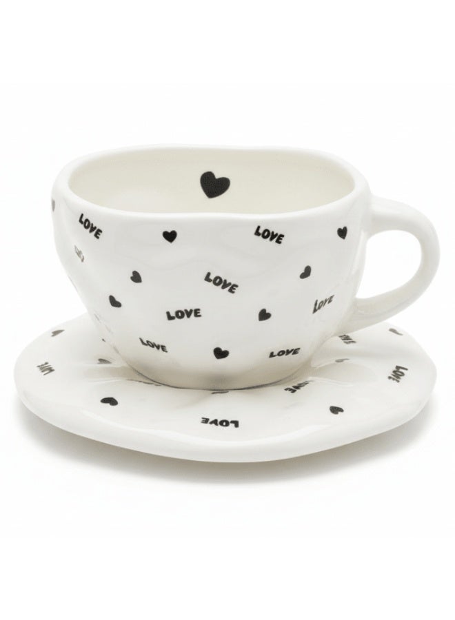 AKDC Elegant White Ceramic Cup & Saucer Set with Romantic Love Text Print, Stylish Coffee & Tea Cup 200ml - Image 1