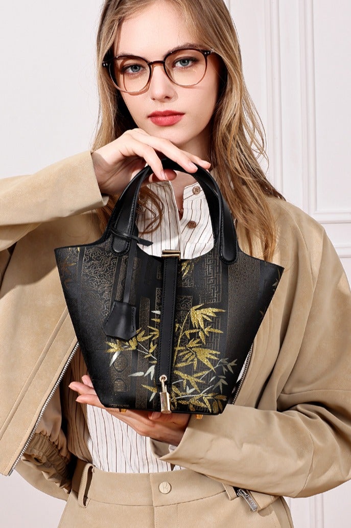 Women Oriental Embroidered Vegetable Basket Bucket Bag Large Capacity Handbag Detachable Crossbody Strap for Daily Use - Image 3