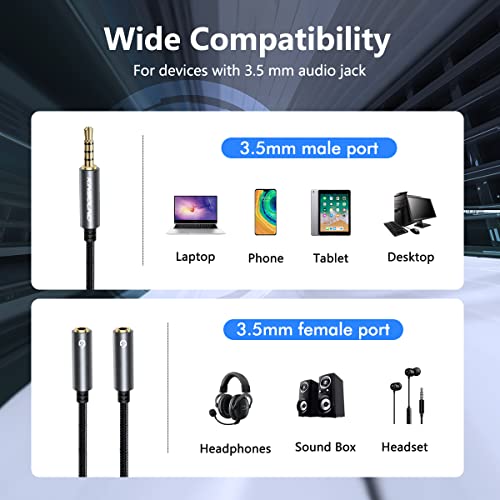 Kinsound Headphone Splitter, 3.5mm Audio Stereo Y Splitter Cable Male to Female Dual Headphone Jack Adapter with 2 Mic & Audio for Smartphone, Tablet, Laptop（Grey） - Image 3