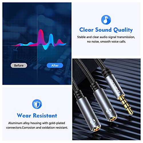 Kinsound Headphone Splitter, 3.5mm Audio Stereo Y Splitter Cable Male to Female Dual Headphone Jack Adapter with 2 Mic & Audio for Smartphone, Tablet, Laptop（Grey） - Image 5