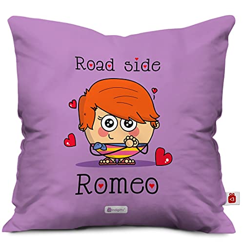 Indigifts Micro Satin Fibre Road Side Romeo Quote Printed Purple Cushion Cover with Filler (Purple, 12x12) - Image 1
