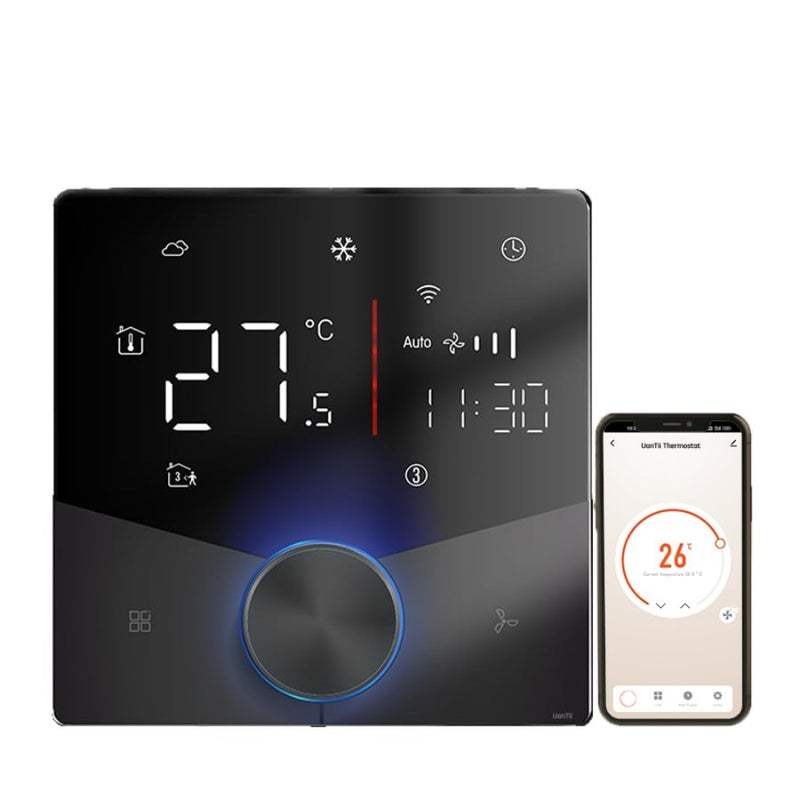 Smart Thermostat Tuya Wifi Central AC Thermostat 2 Pipe, Smart Knob HVAC Fan Coil Smart Temperature Controller App and Voice Control 24V-Black - Image 1