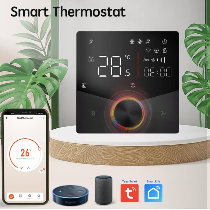 Smart Thermostat Tuya Wifi Central AC Thermostat 2 Pipe, Smart Knob HVAC Fan Coil Smart Temperature Controller App and Voice Control 24V-Black - Image 3