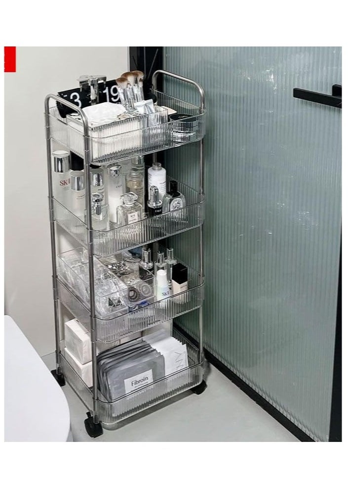 PENG GENERAL 4-Tier Acrylic Storage Rolling Cart Clear Bathroom Cart Organizer with 2 Hanging Baskets, Trolley Organizer with Lockable Wheels for Office Kitchen Laundry Room  - Image 1