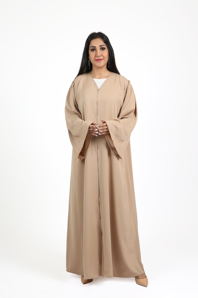 Nikias Beige Nida Abaya with Crystal Handwork on Sleeves - Image 1