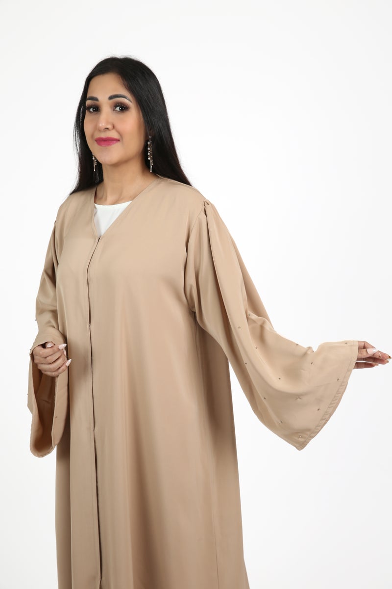 Nikias Beige Nida Abaya with Crystal Handwork on Sleeves - Image 2