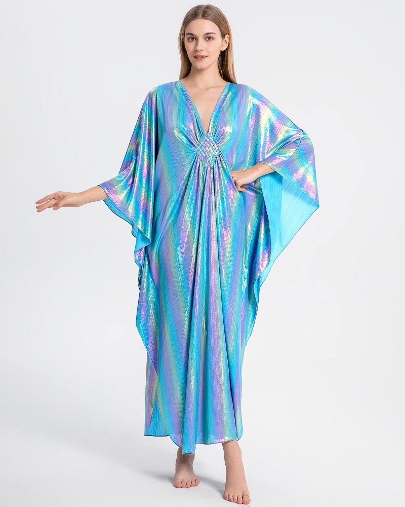 Bsubseach Kaftan Dresses for Women Sparkly Glitter Batwing Sleeve Kaftan Cover Up Beach Maxi Dress Loungewear - Image 2