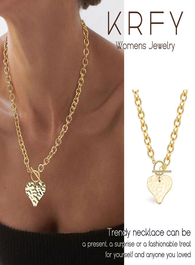 Krfy Valentines Day Gifts for Women Hers Gold Chunky Heart Necklace for Women, Hammered Cross Necklace for Women Non Tarnish, Dainty Toggle Necklaces Paperclip Chains Jewelry 45cm, 17.7 inches, Brass - Image 3