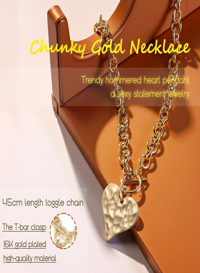 Krfy Valentines Day Gifts for Women Hers Gold Chunky Heart Necklace for Women, Hammered Cross Necklace for Women Non Tarnish, Dainty Toggle Necklaces Paperclip Chains Jewelry 45cm, 17.7 inches, Brass - Image 2