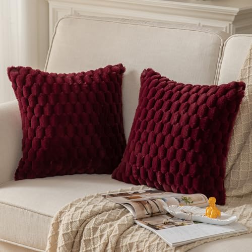 MANDIOO Pack of 2 Burgundy Super Soft Plush Fluffy Decorative Throw Pillow Covers 16x16 inch Faux Fur Wool Velvet Cushion Covers Pillow Cases Couch Sofa Bed Living Room - Image 3