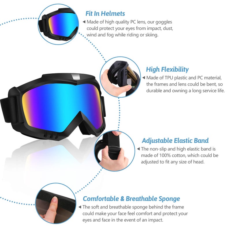Lievermo Dirt Bike Goggles, 2 Pack Motorcycle ATV Riding Ski Racing Helmet Goggles, Windproof Glasses for Adults Men Women Youth Kids (Colorful + Clear) - Image 3
