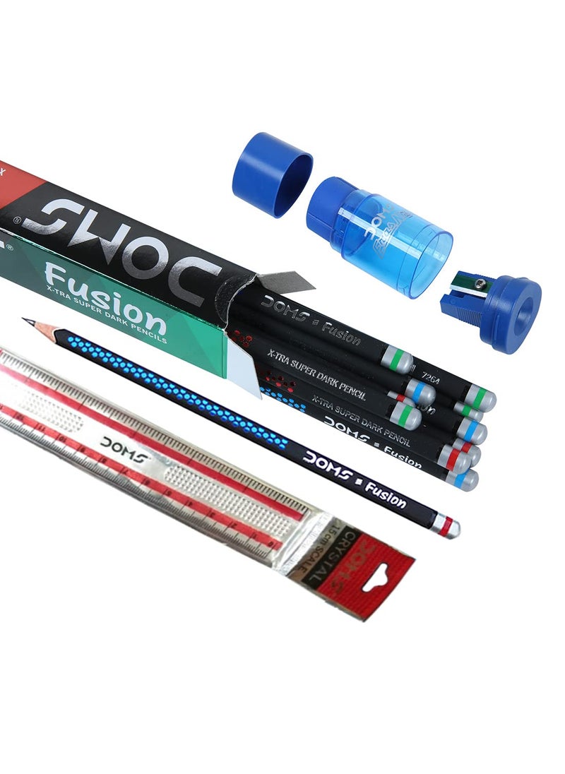DOMS - Doms Fusion Xtra Super Dark Pencil Box Pack Dark Neat Writing Which Stays Longer Smooth Sharpning With Soft Comfortable Grip Free Scale Erasner Inside Pack of 30 Pencils - Image 1