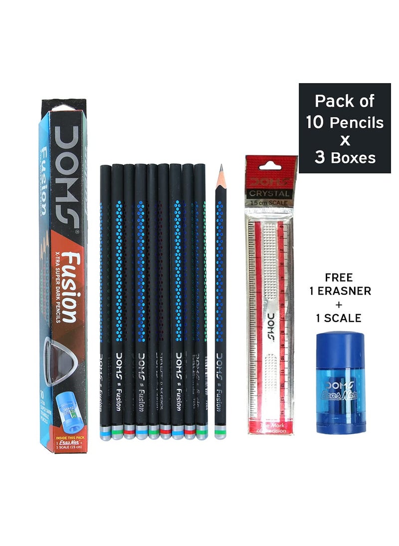 DOMS - Doms Fusion Xtra Super Dark Pencil Box Pack Dark Neat Writing Which Stays Longer Smooth Sharpning With Soft Comfortable Grip Free Scale Erasner Inside Pack of 30 Pencils - Image 1
