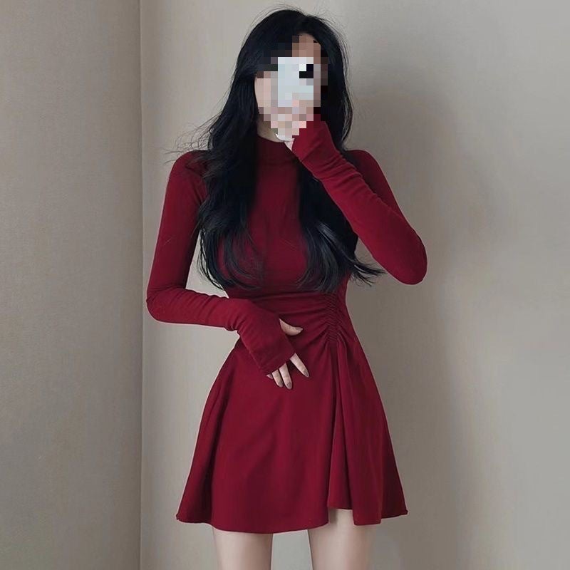 South Korea chic Spring and Autumn design pleated waist half turtleneck fleece-lined long sleeve bottoming dress womens slimming skirt 1318 wine red