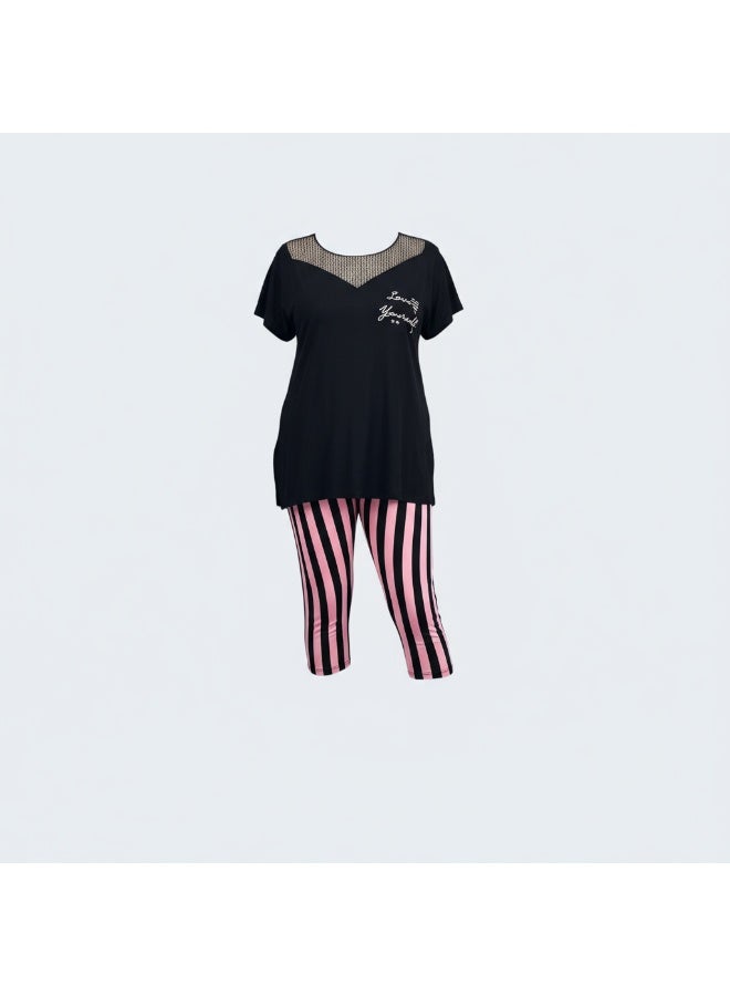 LADY Plus Size Black & Pink Striped Capri Pyjama Set – Women's Short Sleeve Sleepwear with Mesh Chest Detail - Image 1