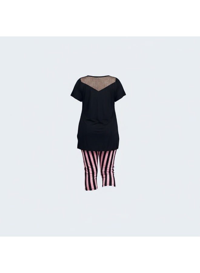 LADY Plus Size Black & Pink Striped Capri Pyjama Set – Women's Short Sleeve Sleepwear with Mesh Chest Detail - Image 2