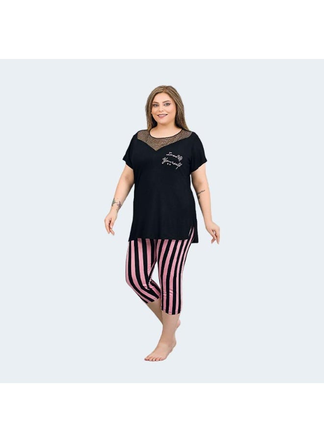 LADY Plus Size Black & Pink Striped Capri Pyjama Set – Women's Short Sleeve Sleepwear with Mesh Chest Detail - Image 3