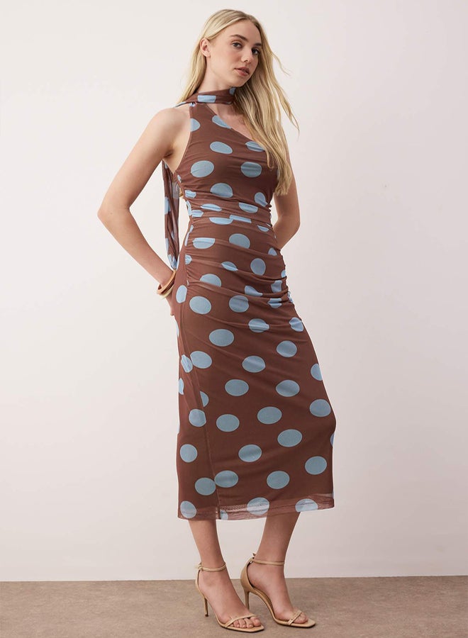 trendyol Dark Brown Dress with Blue Polka Dots and Halter Detail, Midi Length, Knitted, - Image 1