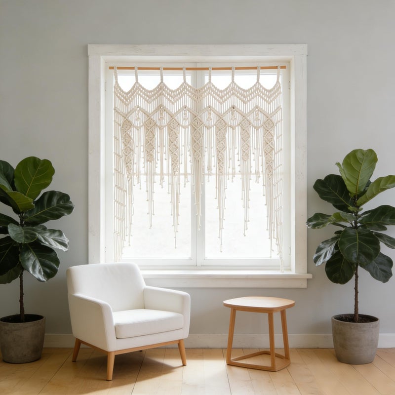 M MANUAL Macrame Valance Curtain for Kichen Windows 41.33 * 53.15Inch Farmhouse Boho Curtains for Bedroom Window Tassels Leaf Valance Treatments for Livingroom Kitchen Bathroom Wall Decor - Image 2