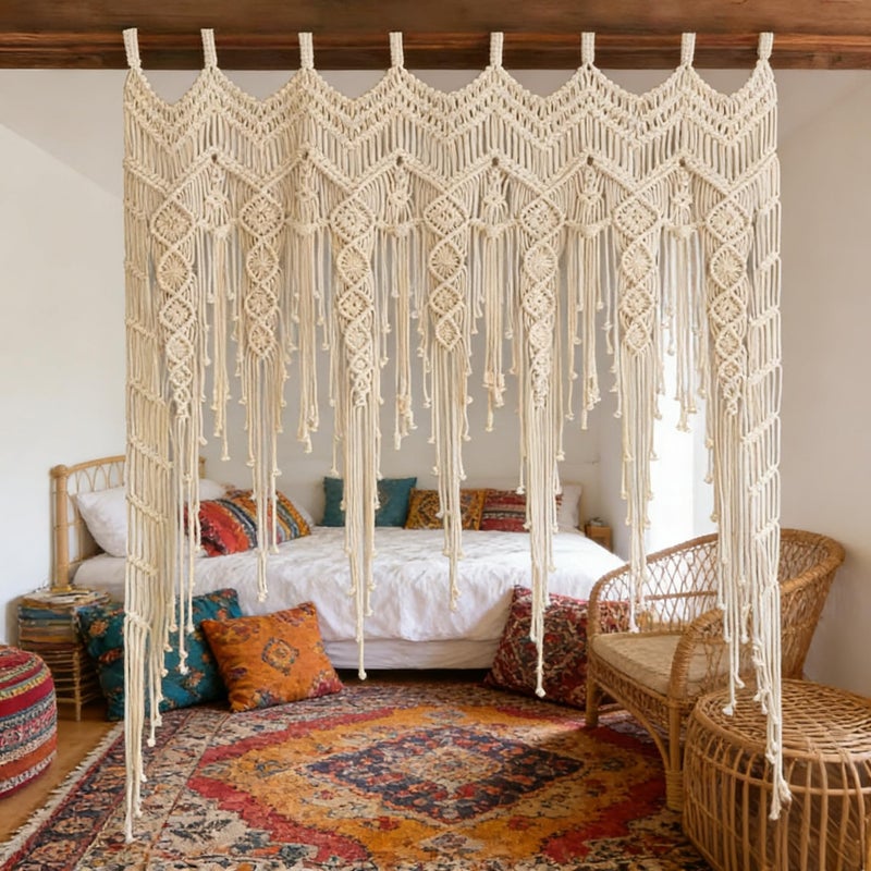 M MANUAL Macrame Valance Curtain for Kichen Windows 41.33 * 53.15Inch Farmhouse Boho Curtains for Bedroom Window Tassels Leaf Valance Treatments for Livingroom Kitchen Bathroom Wall Decor - Image 4