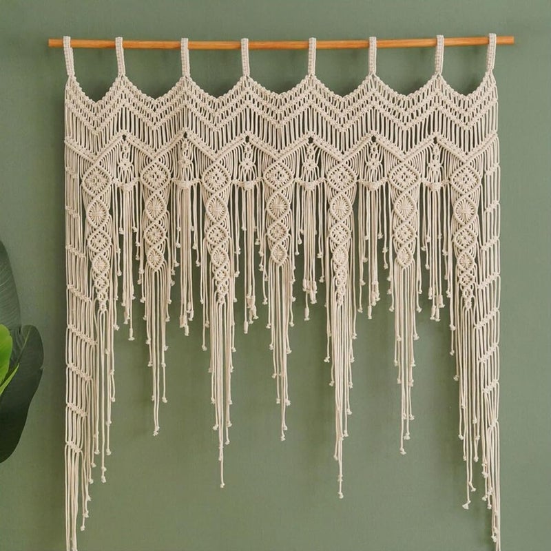 M MANUAL Macrame Valance Curtain for Kichen Windows 41.33 * 53.15Inch Farmhouse Boho Curtains for Bedroom Window Tassels Leaf Valance Treatments for Livingroom Kitchen Bathroom Wall Decor - Image 1