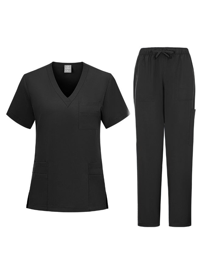 Loquat Womens Medical Scrubs Set Medical Uniform Set Black - Image 1