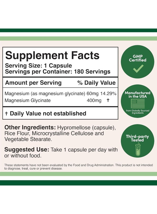 Double Wood Supplements Magnesium Glycinate 400mg, 180 Capsules (Vegan Safe, Manufactured and Third Party Tested in The USA, Gluten Free, Non-GMO) High Absorption Magnesium for Sleep by Double Wood Supplements - Image 2