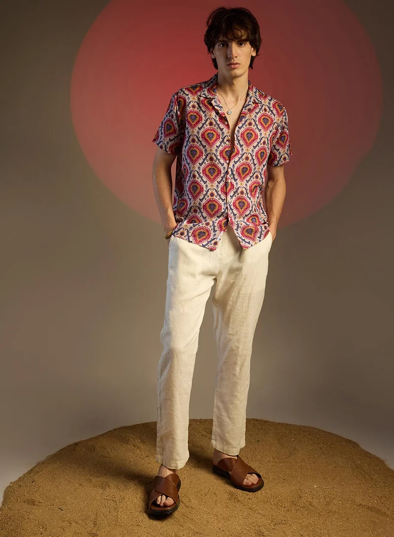Campus Sutra Men's Crimson Red & Ivory White Ethnic Shirt
