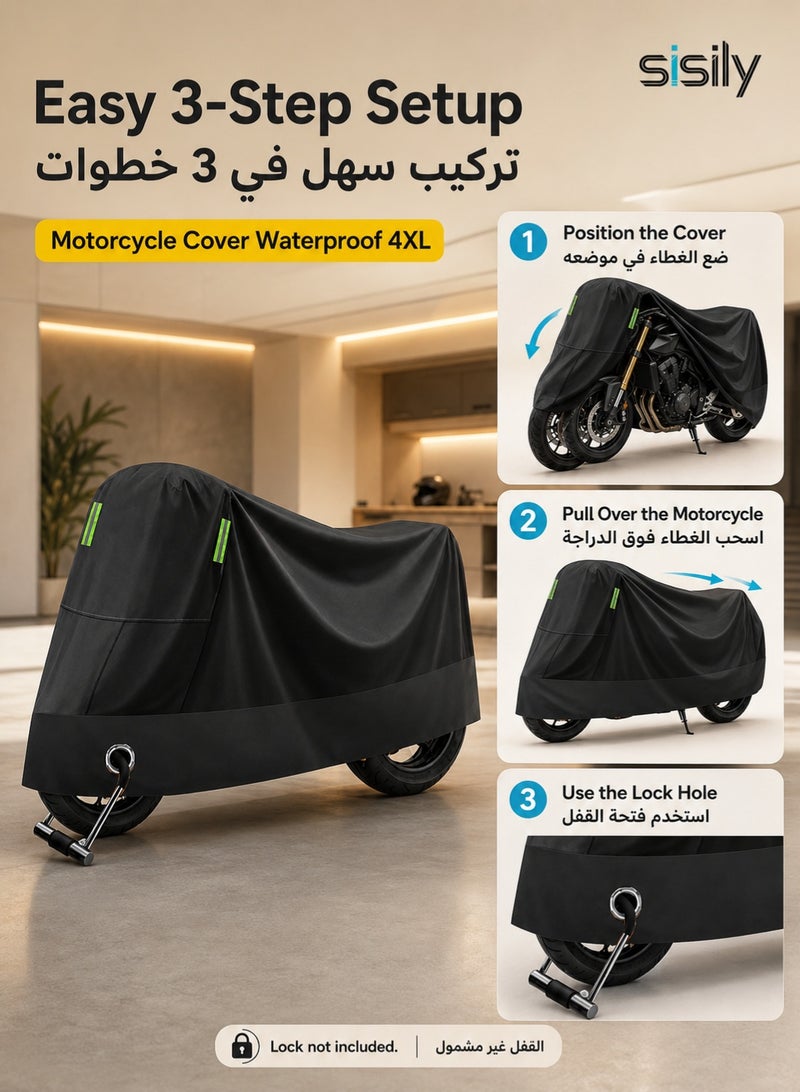 Sisily Motorcycle Cover Waterproof 4XL, 210D Oxford Motorbike Cover 295×105×125cm, Rain Snow Frost Scratch Protection, Reflective Strips & Lock Hole for Outdoor Parking - Image 4