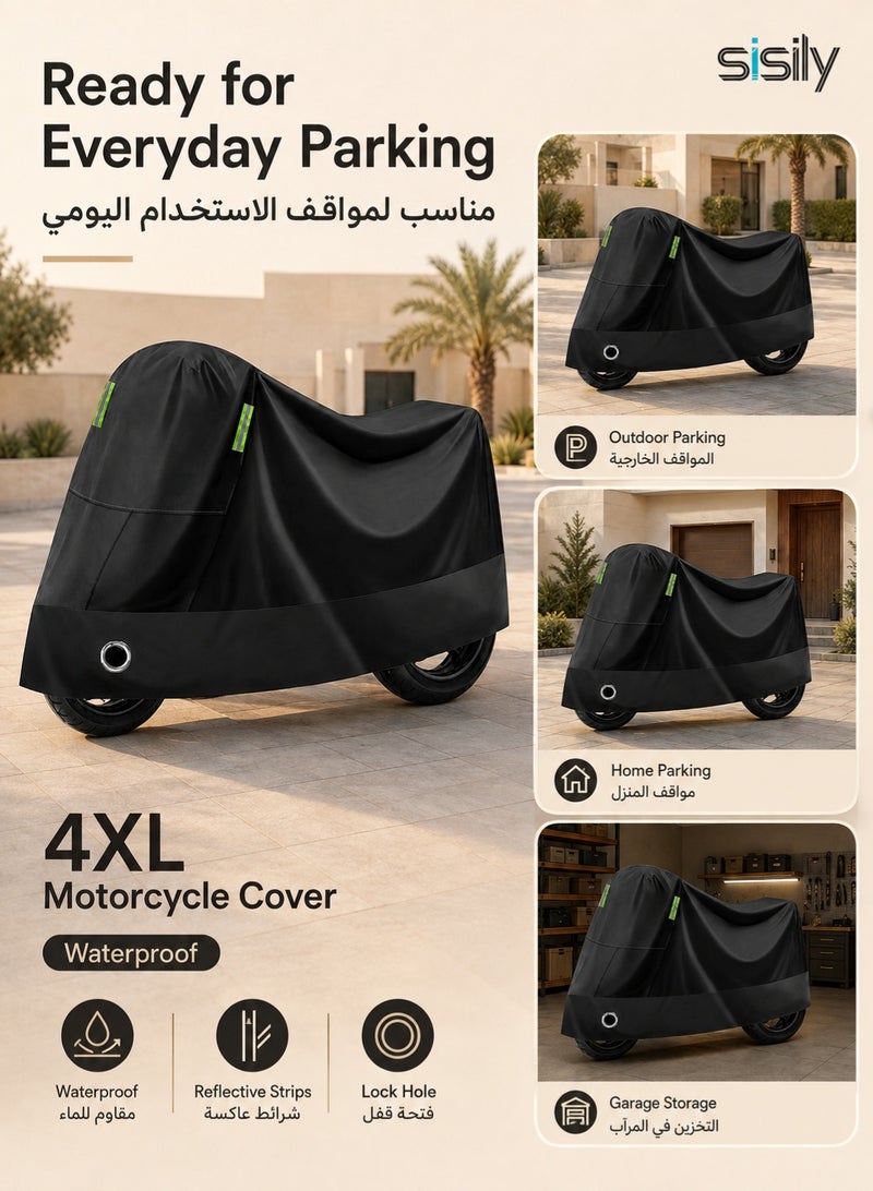 Sisily Motorcycle Cover Waterproof 4XL, 210D Oxford Motorbike Cover 295×105×125cm, Rain Snow Frost Scratch Protection, Reflective Strips & Lock Hole for Outdoor Parking - Image 3