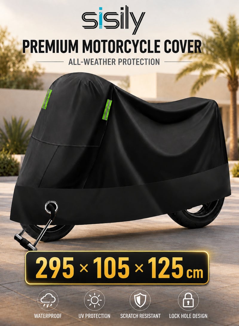 Sisily Motorcycle Cover Waterproof 4XL, 210D Oxford Motorbike Cover 295×105×125cm, Rain Snow Frost Scratch Protection, Reflective Strips & Lock Hole for Outdoor Parking - Image 1