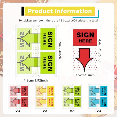 Jutom 12 Pack 600 Pcs Sign Here Tabs Sign Here Post Stickers Sticky Notarize Initial Date Tabs Flags Arrow Stickers Flags for Office School Students Notebook Annotating Notary Books Multicolored - Image 3