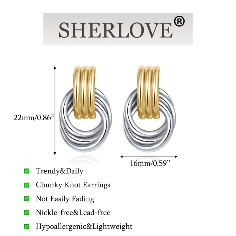 SHERLOVE Trendy Two Tone Gold Silver Plated Knot Earrings for Women Chunky Statement Drop Dangle Earrings Lightweight Hypoallergenic Fashion Mixed Metal Jewelry - Image 5