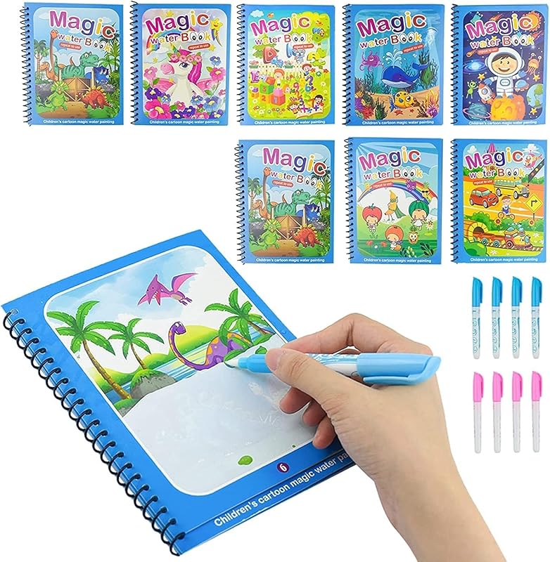 Next store Magic Water Coloring Books for Kids - Unlimited Fun with Drawing, Reusable Water Book, Thick Water Pen Assorted Designs 4 Pieces and 4 Pens