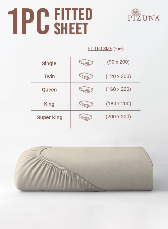 PIZUNA Pure Combed Cotton Fitted Bedsheet King Size 180x200 cm Simply Taupe, 400 Thread Count Cool Luxury Soft 100% Long Staple Cotton Sateen Weave, 40cm Deep Pocket Sheet (Fitted Sheet -1PC) - Image 3