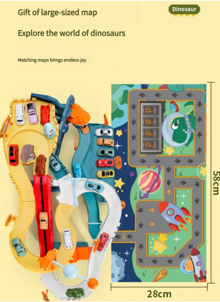 JoyousSto Dinosaur Space Track Toy Car Ramp Track Dinosaur Climbing Hills Railcar Colorful Vehicles Play Set with 4 Mini different color Racer Cars randomly and Track for Preschool Gifts Kids Ages 3 Years and Older  - Image 4