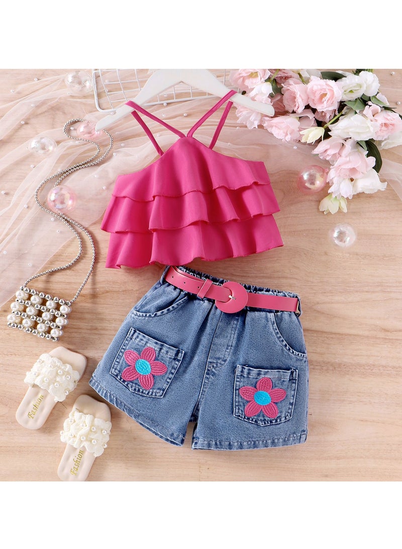 3Y Baby Girls Tank Top & Denim Shorts Set, Ruffled Top, Denim Shorts with Flower Embroidered Pockets and Matching Pink Belt, Perfect for Daily Wear, Playground, Shopping, Family Gatherings  - Image 2