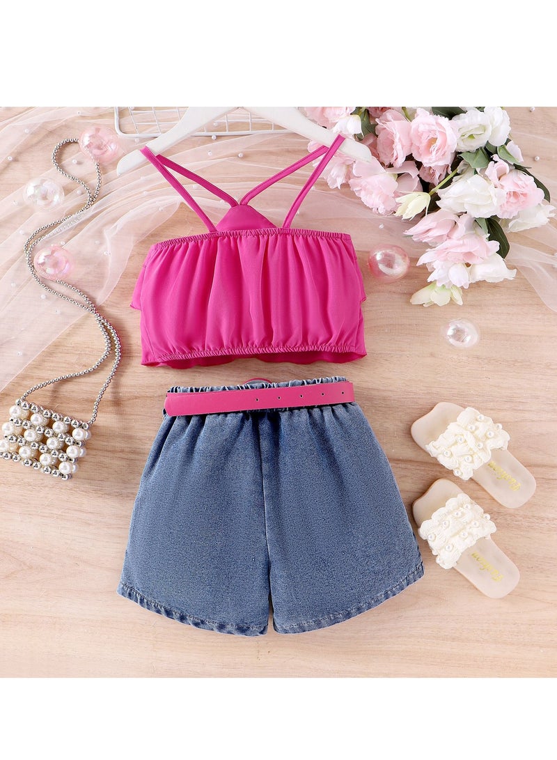 3Y Baby Girls Tank Top & Denim Shorts Set, Ruffled Top, Denim Shorts with Flower Embroidered Pockets and Matching Pink Belt, Perfect for Daily Wear, Playground, Shopping, Family Gatherings  - Image 3
