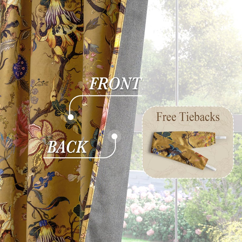 StangH Floral Velvet Curtains 96 Inches Long,Vintage French Country Printed Pattern Light Reducing Privacy Drapes for Living Room/Bedroom/Sliding Door/Bathroom,52Wx96L,Yellow,2 Panels - Image 5