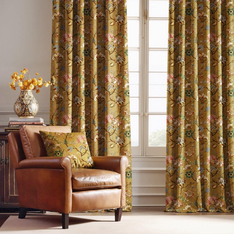 StangH Floral Velvet Curtains 96 Inches Long,Vintage French Country Printed Pattern Light Reducing Privacy Drapes for Living Room/Bedroom/Sliding Door/Bathroom,52Wx96L,Yellow,2 Panels - Image 1