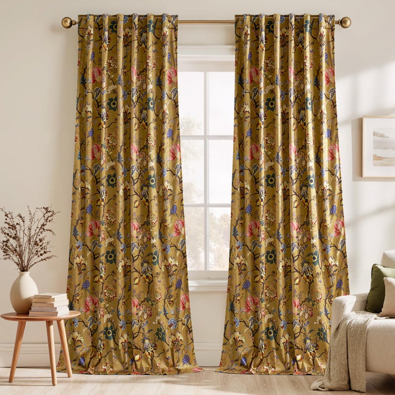 StangH Floral Velvet Curtains 96 Inches Long,Vintage French Country Printed Pattern Light Reducing Privacy Drapes for Living Room/Bedroom/Sliding Door/Bathroom,52Wx96L,Yellow,2 Panels - Image 2