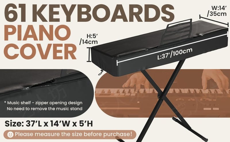 BENVOL 61/88 Keys Piano Cover - Waterproof Dustproof Keyboard Protector with Music Stand Zipper, Adjustable Drawstring, Soft Spandex Fabric for Yamaha, Casio 61/88-Key Digital Pianos (61keys-black) - Image 2