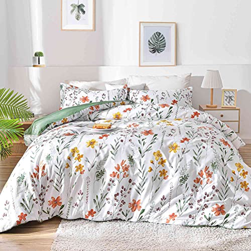 Faincy Floral Duvet Cover King Size - White Yellow Flowers and Green Leaf Spring Botanical Printed Microfiber Comforter Cover Set - 3PC 104X90 Soft and Lightweight Quilt Cover, Farmhouse Style for Women Men - Image 1