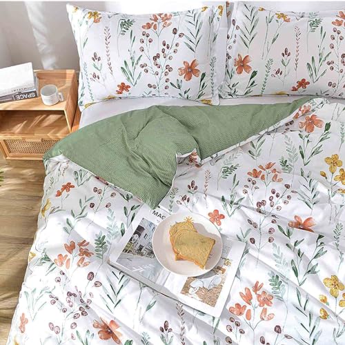 Faincy Floral Duvet Cover King Size - White Yellow Flowers and Green Leaf Spring Botanical Printed Microfiber Comforter Cover Set - 3PC 104X90 Soft and Lightweight Quilt Cover, Farmhouse Style for Women Men - Image 3