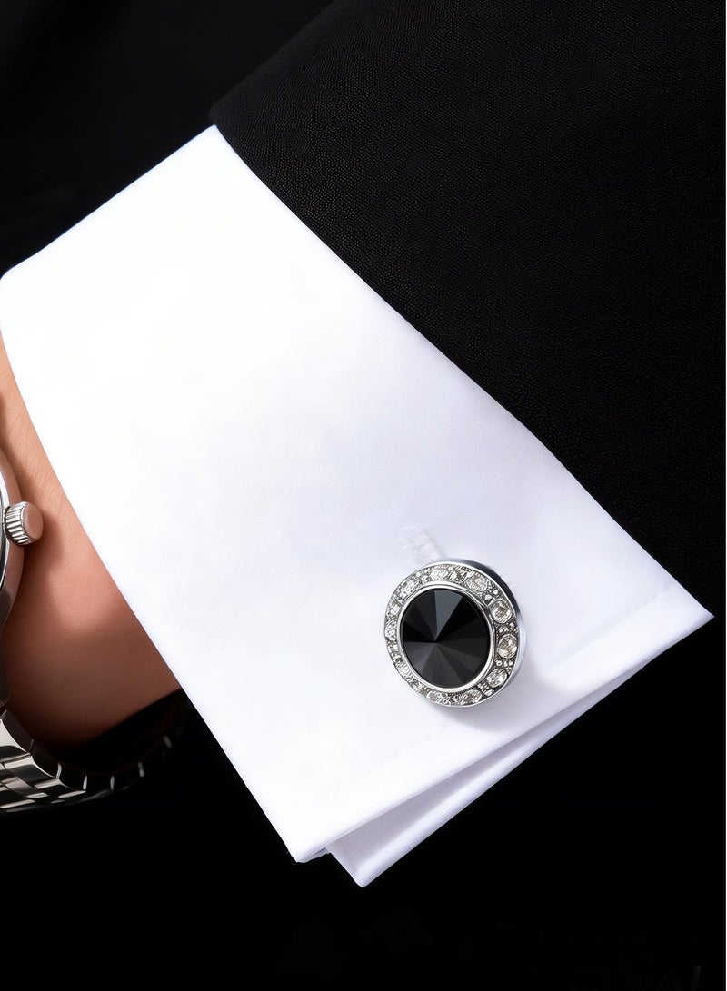 HomeNoor Silver Black Crystal Rhinestone Cufflinks, Elegant Formal French Cufflinks for Business, Wedding and Daily Wear, Stylish Shirt Cuff Links for Special Events, Perfect Gift Idea for Men & Women - Image 1