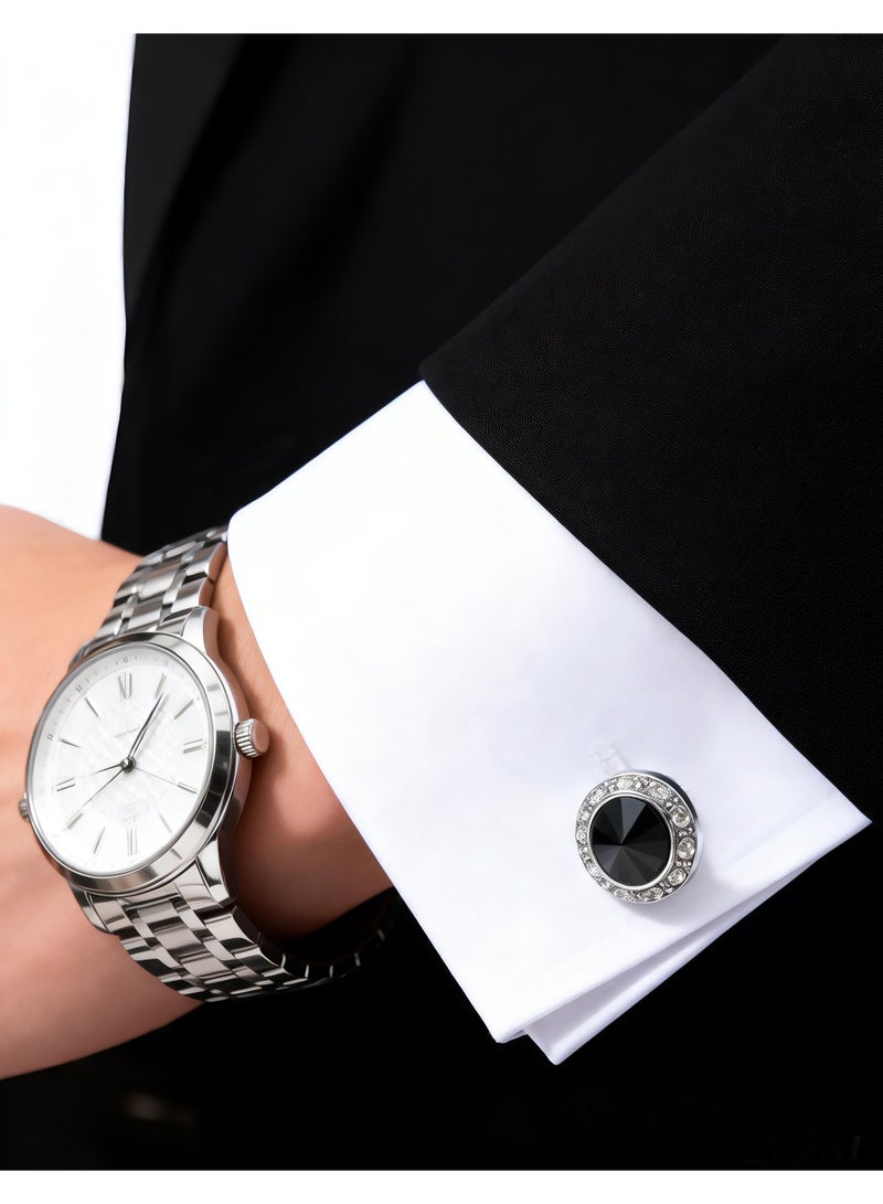 HomeNoor Silver Black Crystal Rhinestone Cufflinks, Elegant Formal French Cufflinks for Business, Wedding and Daily Wear, Stylish Shirt Cuff Links for Special Events, Perfect Gift Idea for Men & Women - Image 3