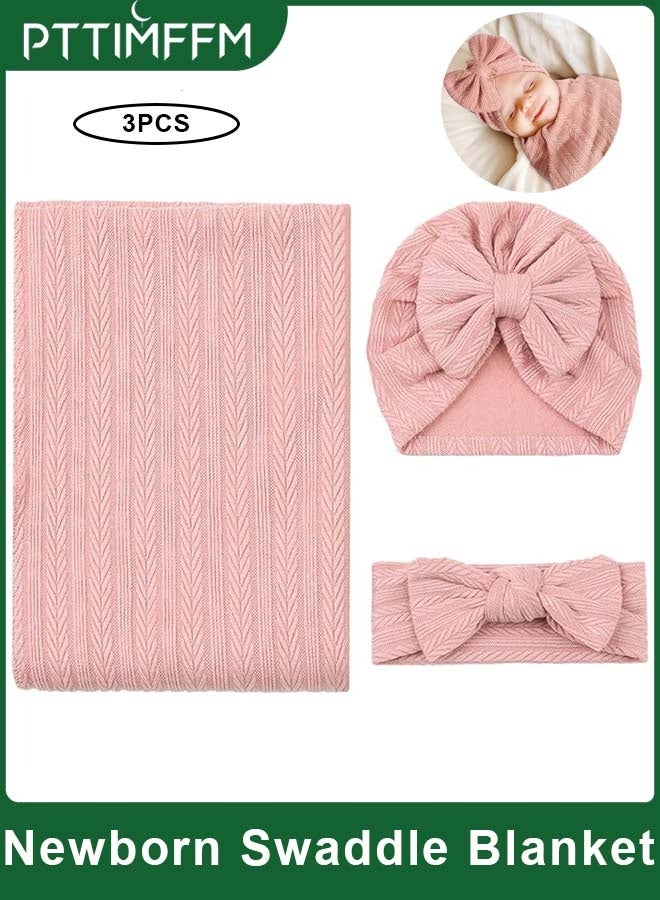 بتيمفم طقم بطانية قماط لحديثي الولادة (3 قطع)، بطانية ناعمة لاستقبال المولود الجديد مع قبعة وربطة رأس متناسقة، للأولاد والبنات. - Image 1