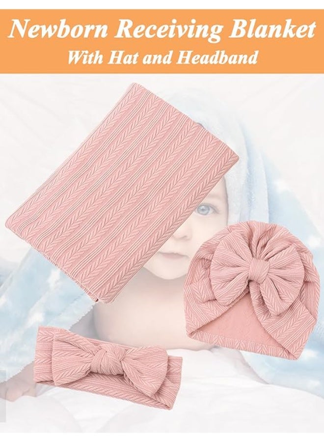 بتيمفم طقم بطانية قماط لحديثي الولادة (3 قطع)، بطانية ناعمة لاستقبال المولود الجديد مع قبعة وربطة رأس متناسقة، للأولاد والبنات. - Image 2