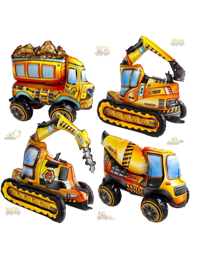 Excefore 4D Construction Balloons, 4 Pcs Self Standing Construction Birthday Party Supplies, Excavator Vehicle Dump Truck, Mixer Truck, Foil Balloons for Construction Birthday Party Decorations - Image 1