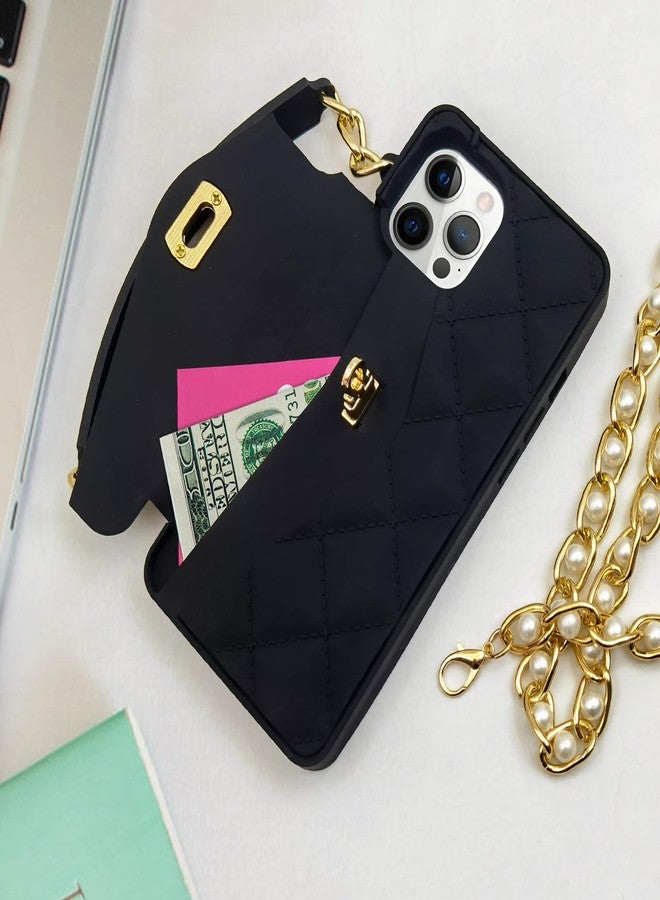 أوميو جراب محفظة فاخر من أوميو لهاتف آيفون 16 برو ماكس، مزود بحامل بطاقات وسلسلة طويلة مزينة باللؤلؤ، مع حبل كتف وحزام معصم، وغطاء حقيبة يد من السيليكون الناعم، مناسب للنساء والفتيات، باللون الأسود. - Image 2